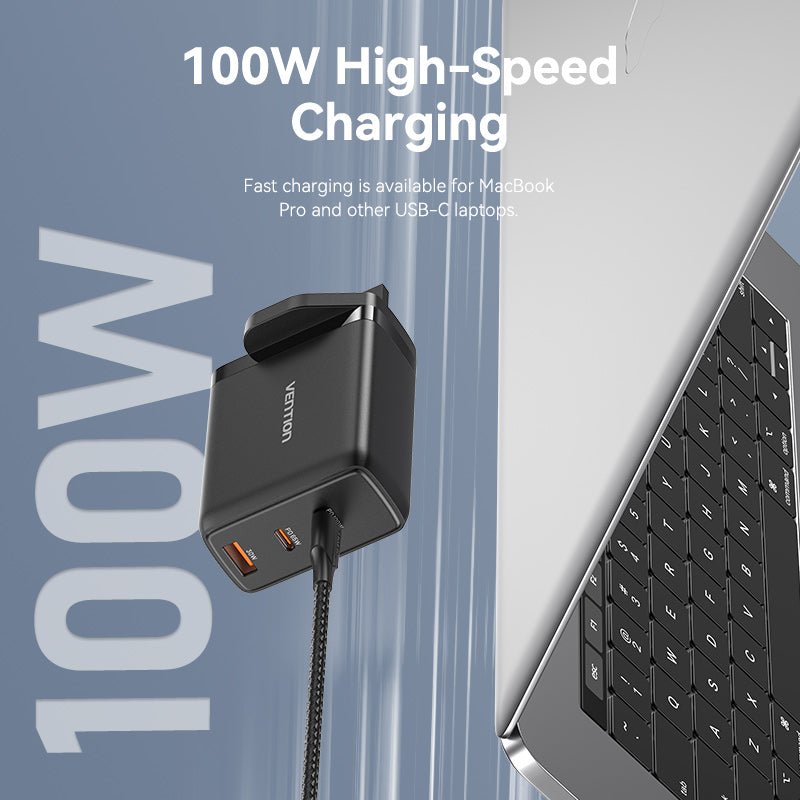 Vention 3-Port USB (C+C+A) GaN Charger (100W/65W/30W) UK-Plug - Vention