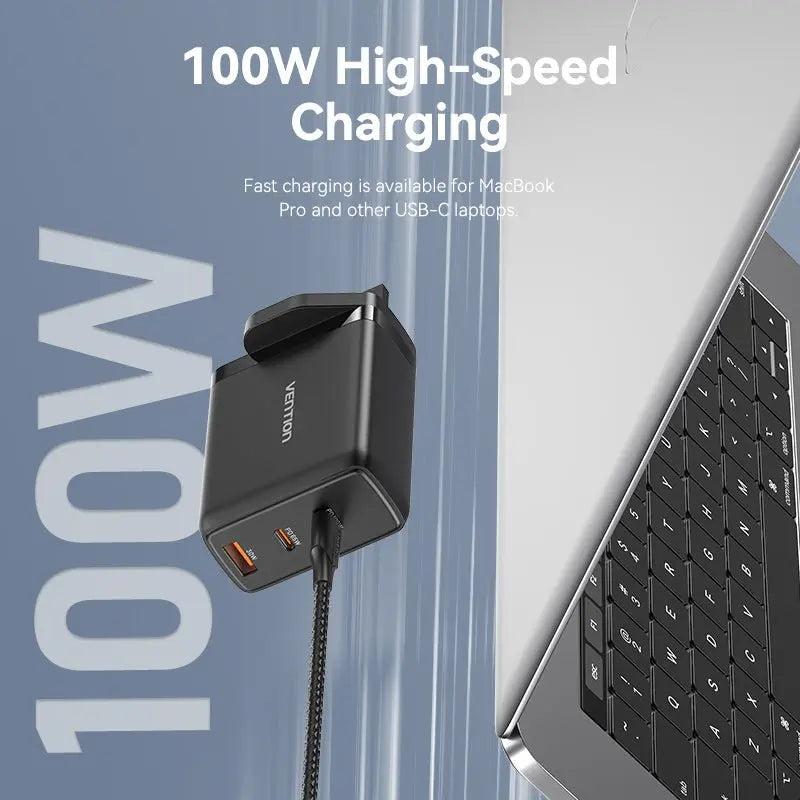 Vention 3-Port USB (C+C+A) GaN Charger (100W/65W/30W) UK-Plug - Vention
