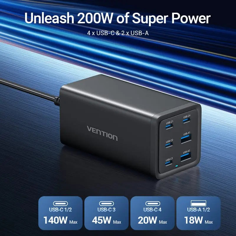 Vention 6-Port USB (C+C+C+C +A+A) Desktop GaN Charger (140W/140W/45W/20W/18W/18W) Plug - Vention