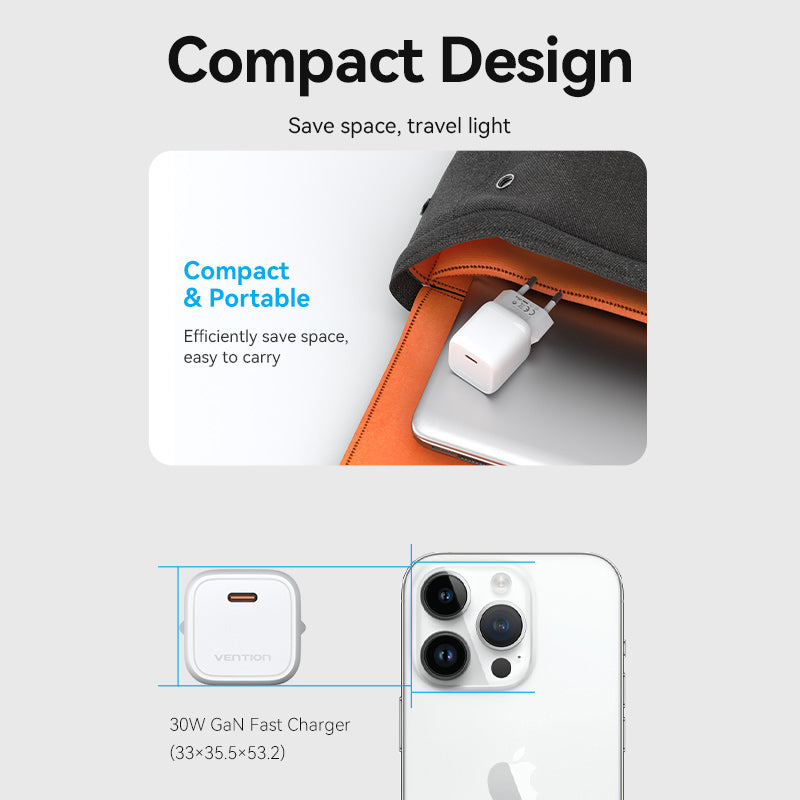 <tc>Vention</tc> Cargador GaN USB-C de 1 puerto y 30 W con enchufe europeo.