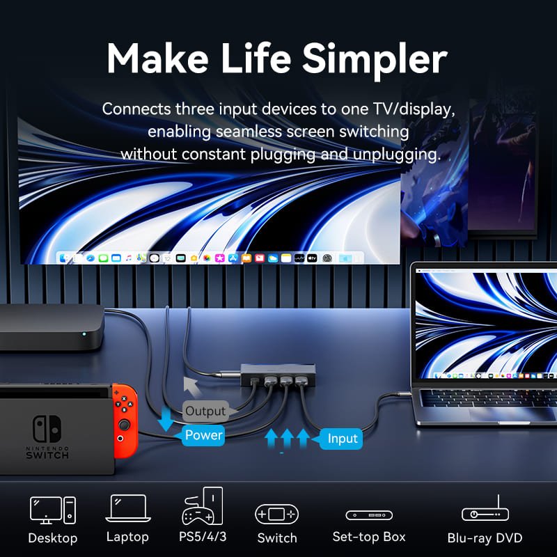 Vention 3 In 1 Out 8K HDMI™ Switcher Gray Aluminium Alloy Type - Vention