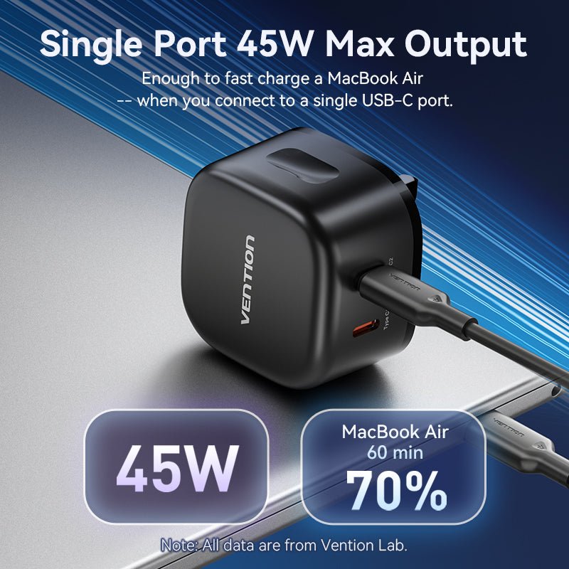 Vention 2-Port USB (C + C) GaN Charger (45W/45W) UK-Plug Black - Vention