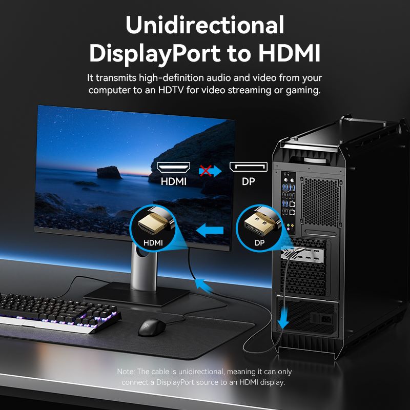 <tc>Vention</tc> 棉质编织 8K DisplayPort 公头转 HDMI 公头数据线 1.8M 黑色锌合金