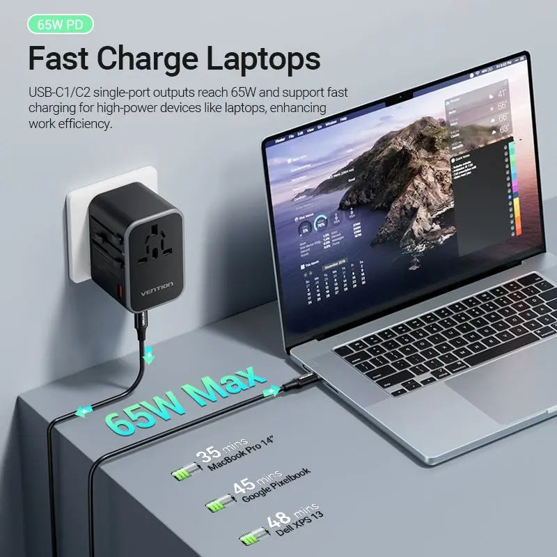 Vention 3-Port USB (C+C+A) GaN Universal Travel Adapter (65W/65W/30W) - Vention