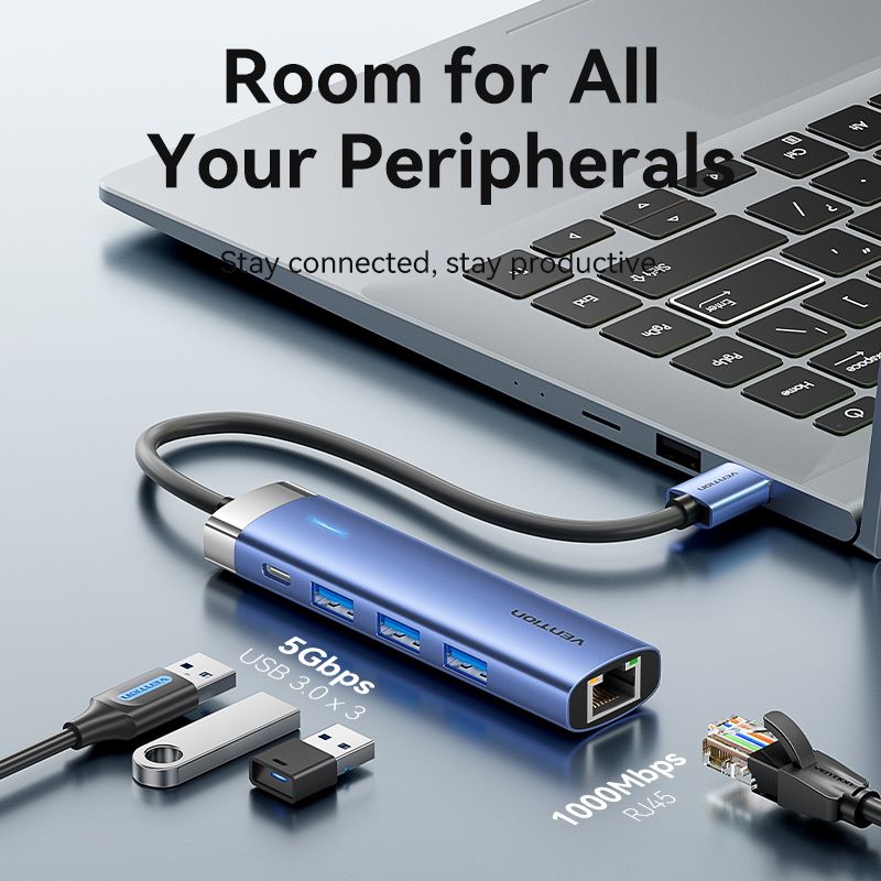USB 3.0 to USB 3.0 x 3/RJ45/USB-C Hub 0.15M Blue Aluminum Alloy Type