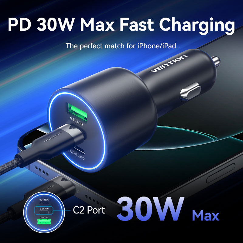 <tc>Vention</tc> Chargeur de voiture à trois ports USB C+C+A (100 W + 30 W + 18 W) en ABS noir