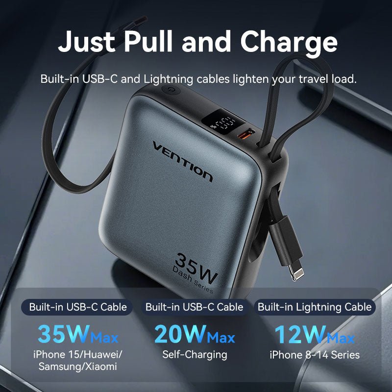 Vention 10000mAh Mini Power Bank (USB-C + USB-C/Lightning) with Built-in USB-C and Lightning Cables 35W Gray - Vention
