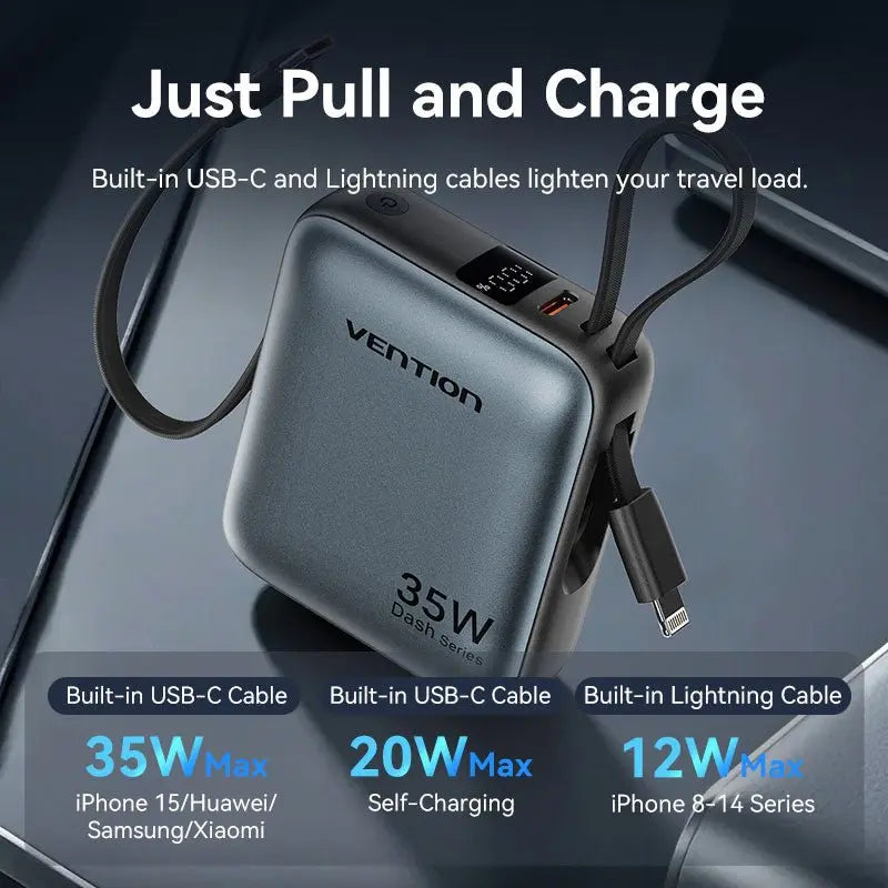Vention 10000mAh Mini Power Bank (USB-C + USB-C/Lightning) with Built-in USB-C and Lightning Cables 35W Gray - Vention