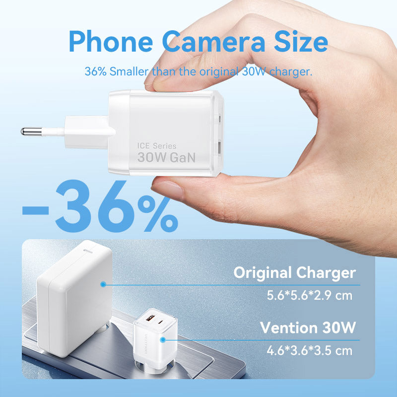 Vention 2-Port USB (C + A) GaN Charger (30W/30W) EU-Plug