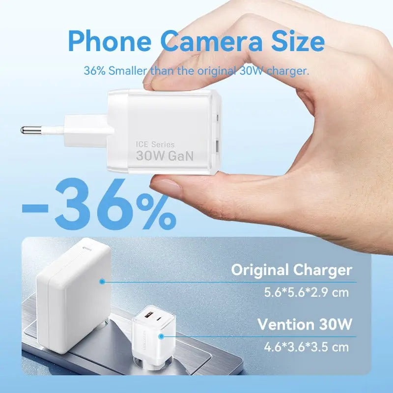 Vention 2-Port USB (C + A) GaN Charger (30W/30W) EU-Plug - Vention