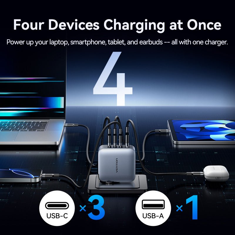Vention 4-Port USB (C + C + C + A) GaN Charger (100W/100W/30W/30W) Gray with USB-C to USB-C Cable (1M) Black EU-Plug - Vention
