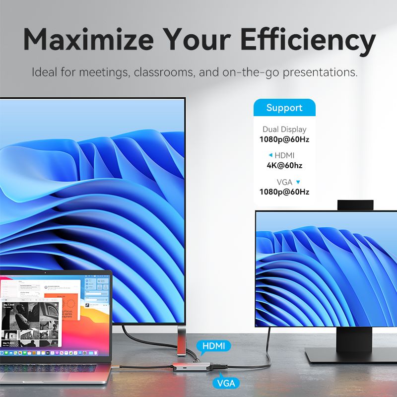 USB-C to HDMI/VGA/USB 3.0/PD Docking Station 0.15M Gray Aluminum Alloy Type