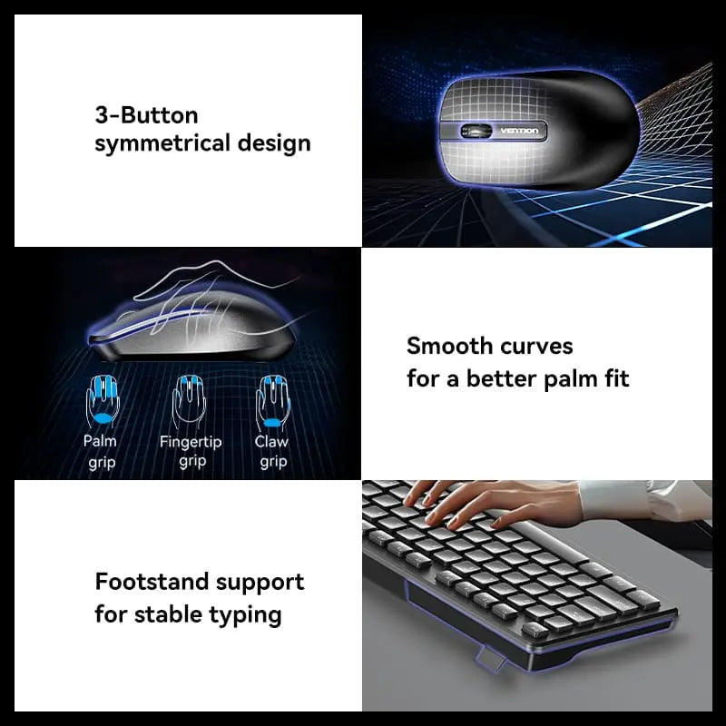 Vention Wireless Full-Sized Keyboard and Mouse Combo with Mouse Pad Black Slim Type - US English Layout - Vention