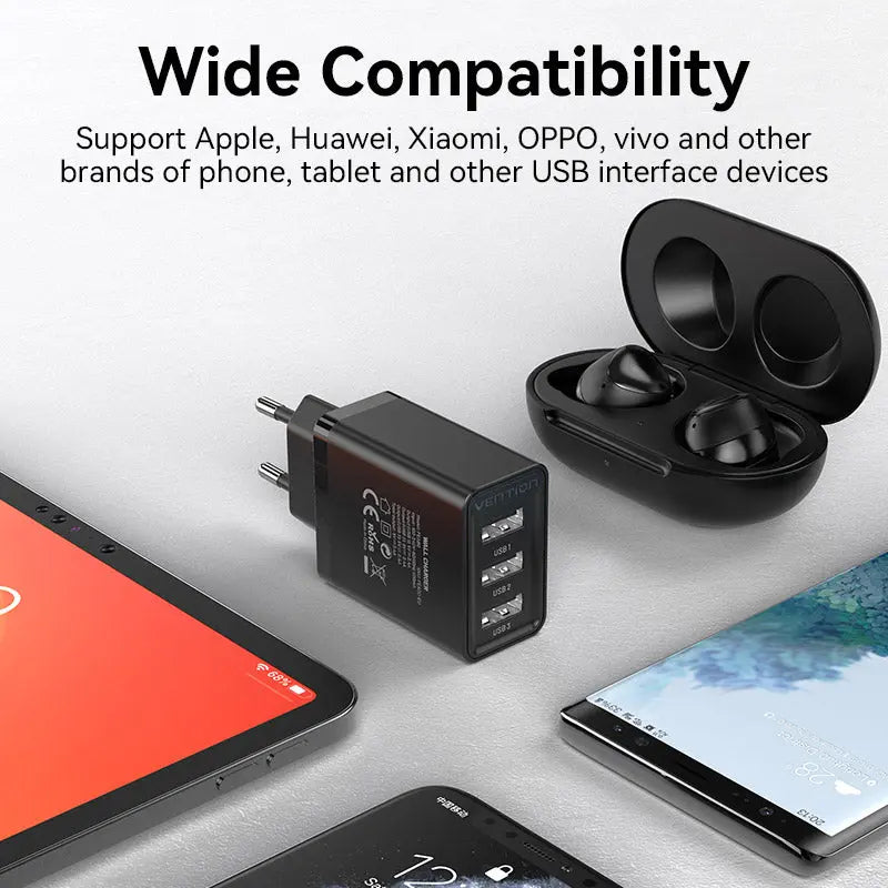 Vention 3-Port USB(A+A+A) Wall Charger(12W/12W/12W) EU-Plug - Vention