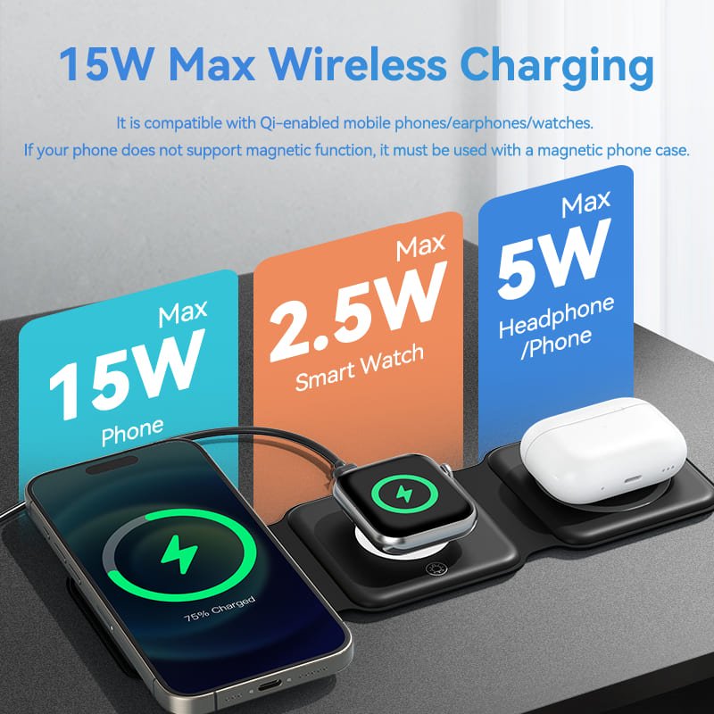 Vention 3-in-1 15W Wireless Charging Pad with MagSafe and LED Night Light Black - Vention