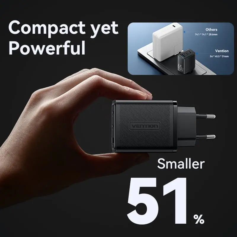 Vention 3-Port USB (C+C+A) GaN Charger (65W/65W/60W) EU-Plug - Vention