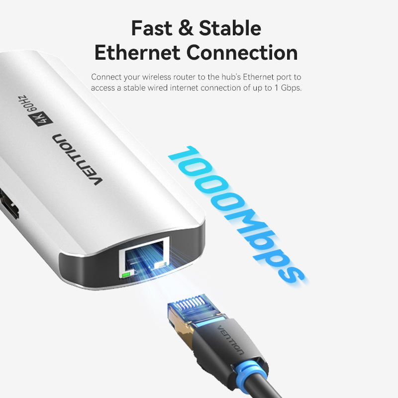 USB-C to HDMI/USB 3.0 x3/RJ45/PD Docking Station 0.15M Gray Aluminum Alloy Type
