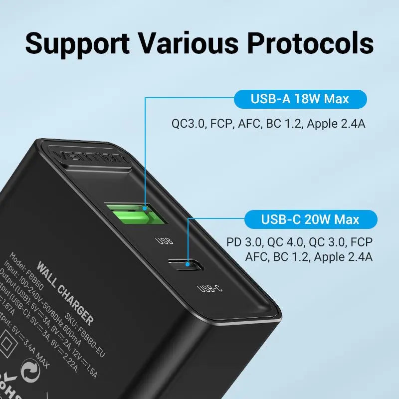 Vention 2-Port USB(A+C) Wall Charger (18W/20W) EU-Plug - Vention