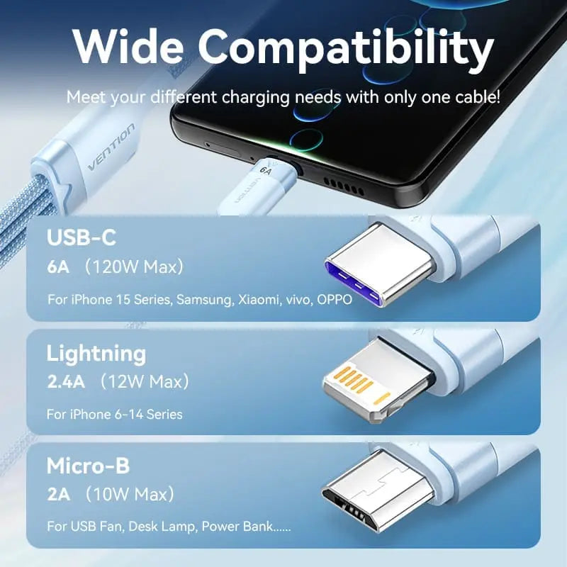 Vention USB 2.0 A Male to 3-in-1 USB-C & Lightning & Micro-B Male 6A Cable Aluminum Alloy Type - Vention