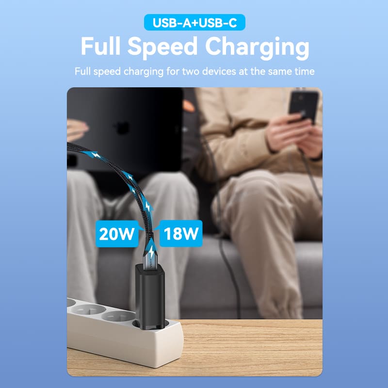 <tc>Vention</tc> 双端口 USB(A+C) 壁式充电器 (18W+20W) 欧规 黑色