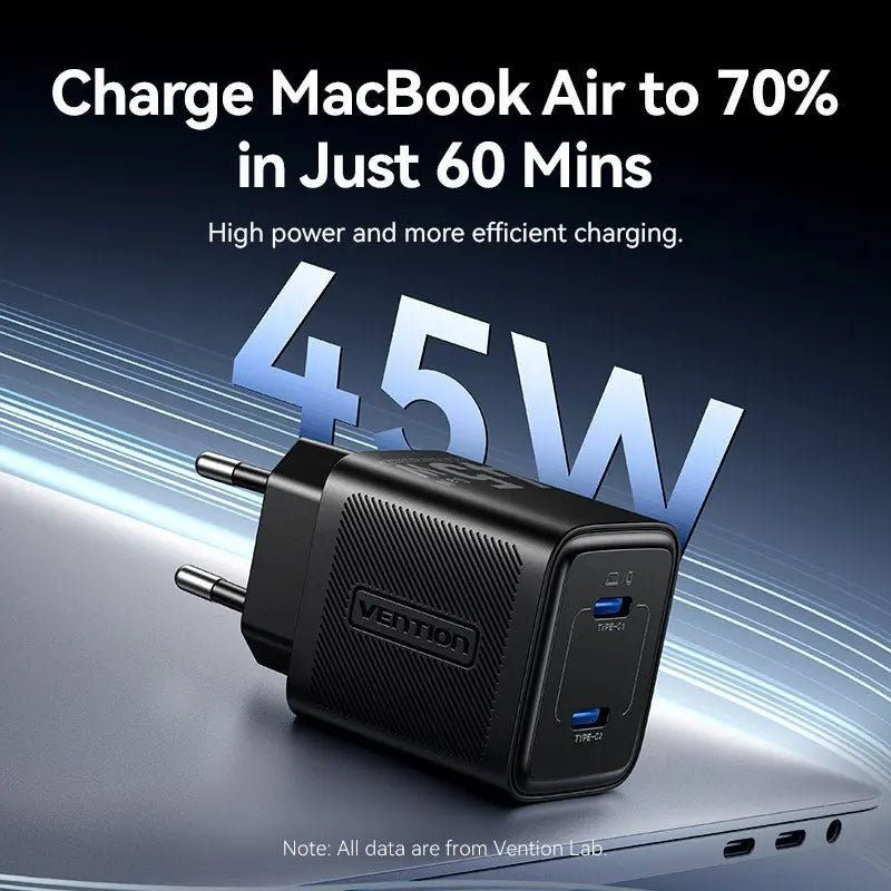 Vention 2-Port USB (C + C) GaN Charger (45W/45W) EU-Plug Black - Vention