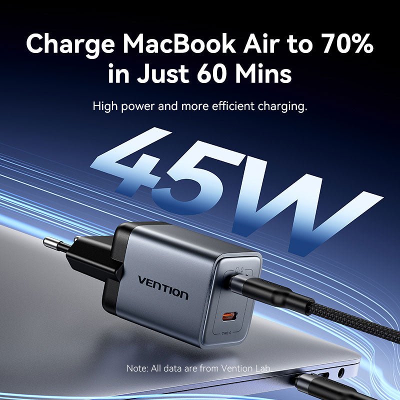 Vention 2-Port USB (C + C) GaN Charger (45W/45W) Gray with USB-C to USB-C Cable (1M) Black EU-Plug - Vention