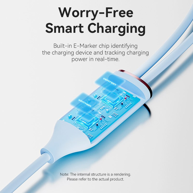 USB 2.0 Type-C Male to 2 Type-C Male 5A Cable 1.5M Blue Silicone Type