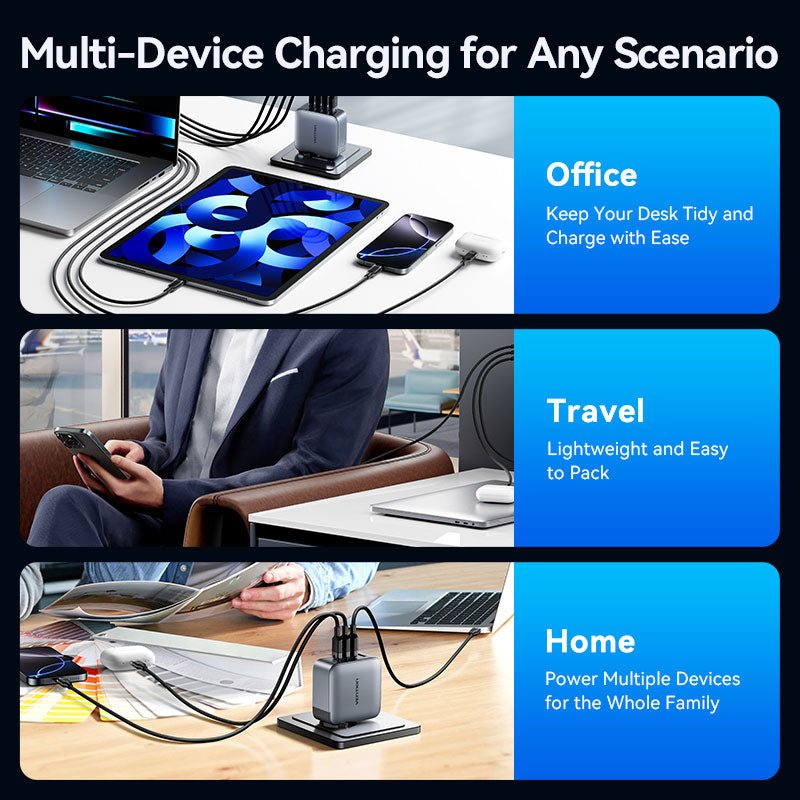 Vention 4-Port USB (C + C + C + A) GaN Charger (100W/100W/30W/30W) Gray with USB-C to USB-C Cable (1M) Black EU-Plug - Vention