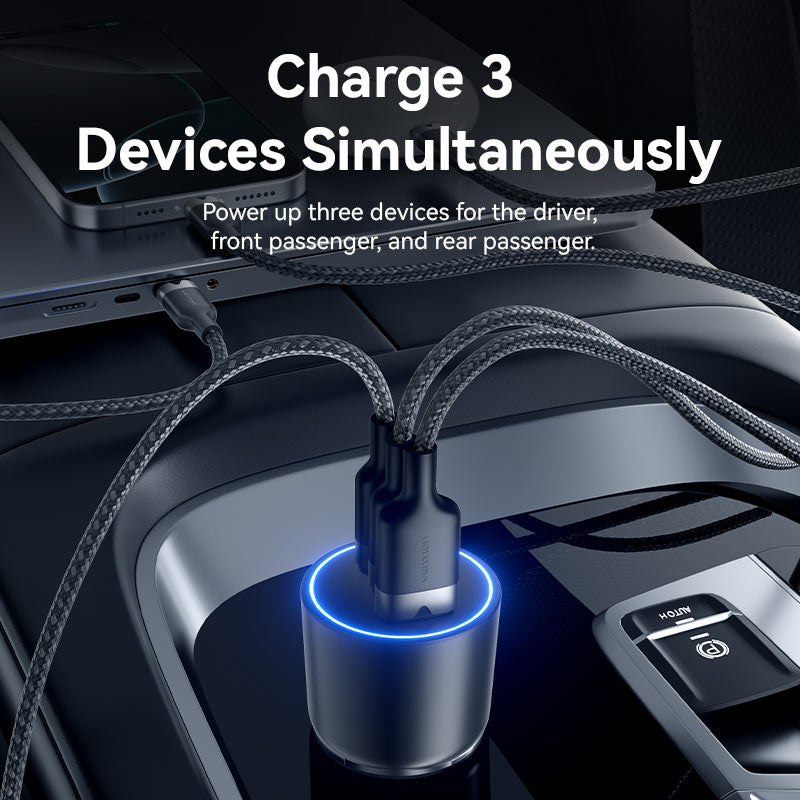 Vention Three-Port USB C+C+A (100W+65W+30W) Car Charger Black ABS Type
