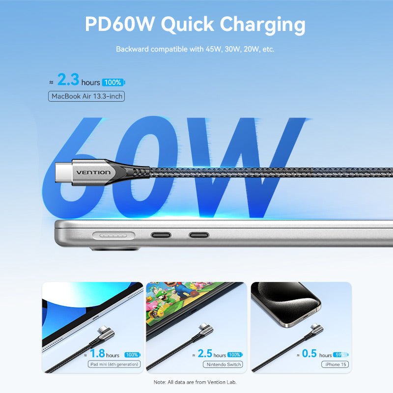 Vention USB 2.0 Type-C Male to Type-C Male Right Angle 3A Cable Aluminum Alloy Type - Vention