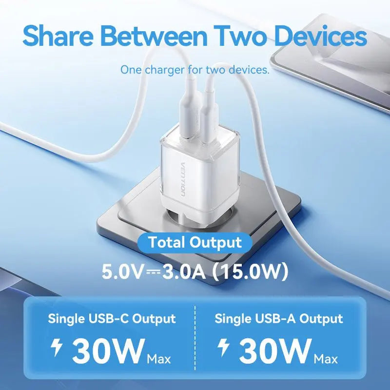 Vention 2-Port USB (C + A) GaN Charger (30W/30W) EU-Plug - Vention