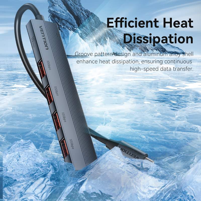 USB-C to USB 3.2 Gen 2 Type-A x 4 Mini Hub with USB-C Power Supply Port 0.15/0.25M Gray Aluminum Alloy Type