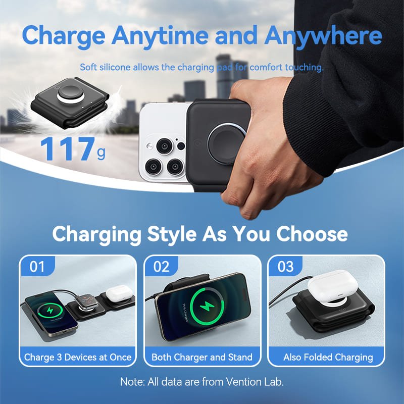 Vention 3-in-1 15W Wireless Charging Pad with MagSafe and LED Night Light Black - Vention