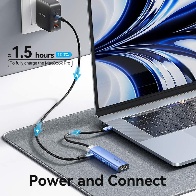 USB-C to HDMI/USB 3.0 x 3/PD Docking Station 0.15M Blue Aluminum Alloy Type