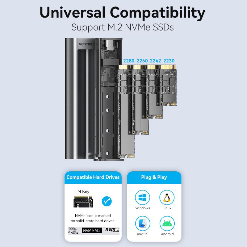 Vention M.2 NVMe SSD Enclosure (USB 3.1 Gen 2-C) with Heat Sink Gray Aluminum Alloy Type
