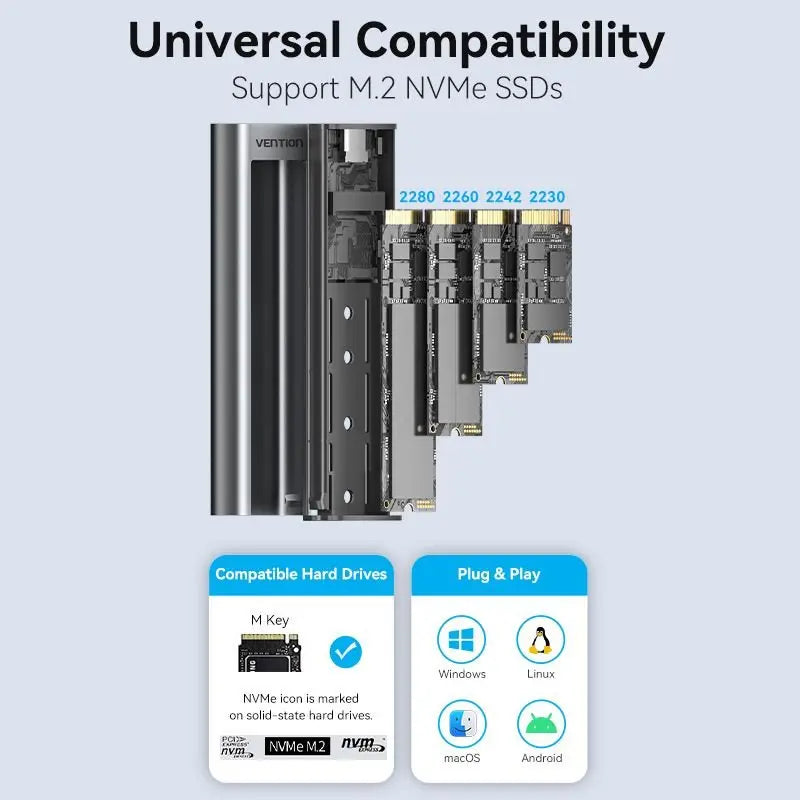 Vention M.2 NVMe SSD Enclosure (USB 3.1 Gen 2-C) with Heat Sink Gray Aluminum Alloy Type - Vention