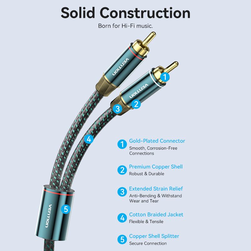 Vention Cotton Braided 2RCA Male to 2RCA Male Audio Cable 0.5/1/1.5/2/3/5/8/10M Green Copper Type