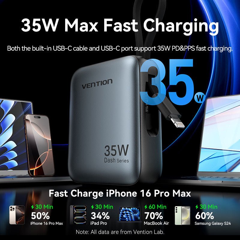 Vention 10000mAh Mini Power Bank (USB-C + USB-C/Lightning) with Built-in USB-C and Lightning Cables 35W Gray - Vention