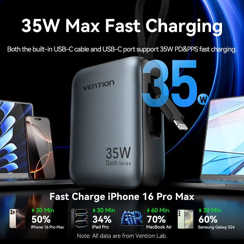 Vention 10000mAh Mini Power Bank (USB-C + USB-C/Lightning) with Built-in USB-C and Lightning Cables 35W Gray - Vention