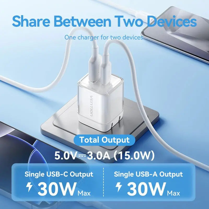Vention 2-Port USB (C + A) GaN Charger (30W/30W) US-Plug - Vention