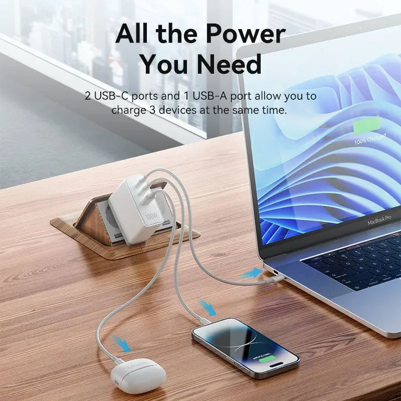 Vention 3-Port USB (C+C+A) GaN Charger (100W/100W/30W) EU-Plug - Vention