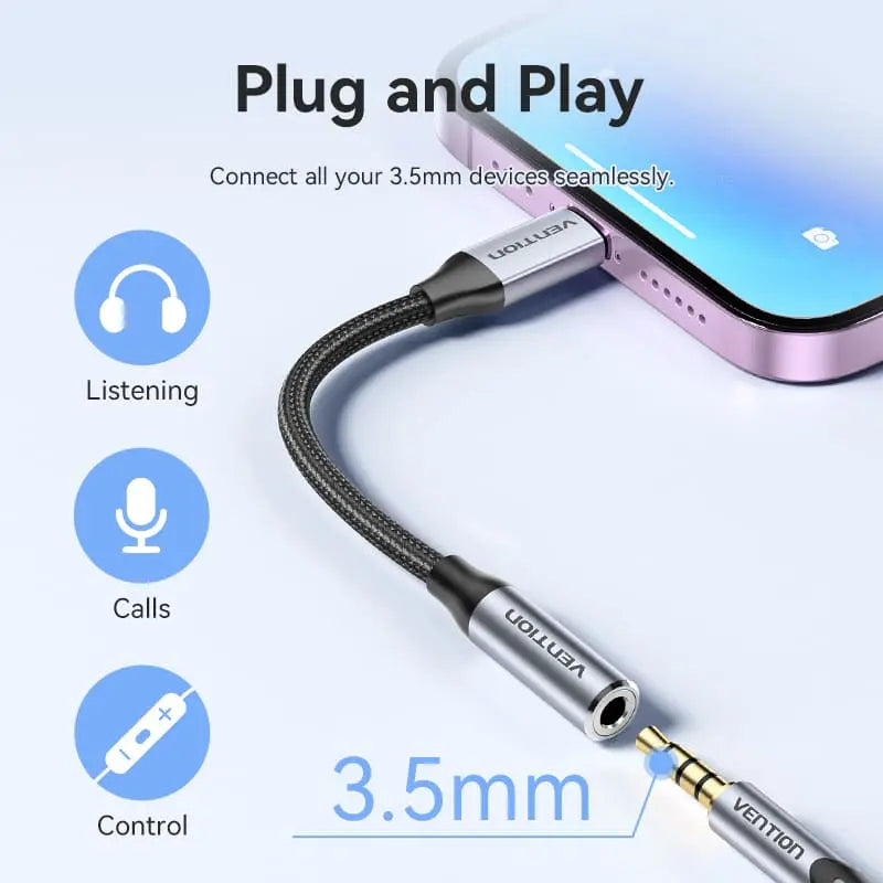 Vention Cotton Braided Lightning Male to 3.5MM Earphone Jack Adapter Aluminum Alloy Type - Vention