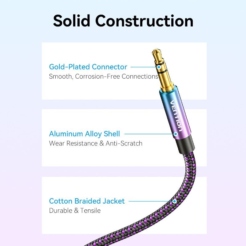 Vention Cotton Braided 3.5mm Male to Male Audio Cable 0.5/1/1.5/2/3/5M Purple Aluminum Alloy Type - Vention