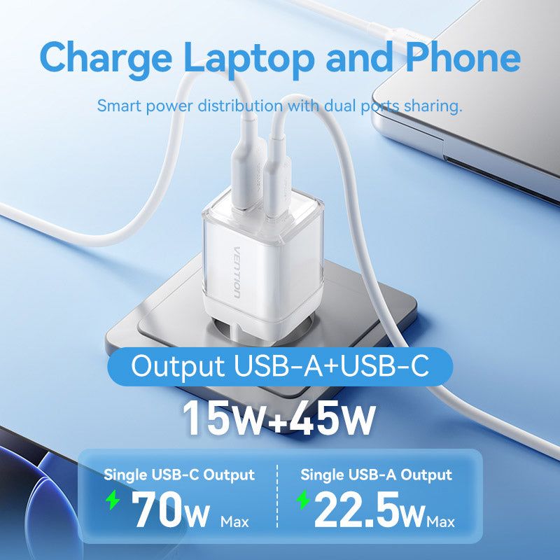 <tc>Vention</tc> Cargador GaN de 2 puertos USB (C + A) (70 W/22,5 W) Enchufe europeo Gris transparente
