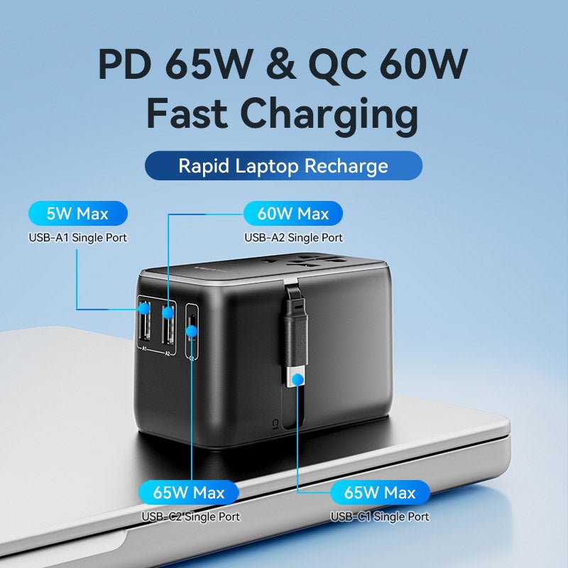 Vention 3-Port USB (C + A + A) GaN Universal Travel Adapter (65W/60W/5W) with Built-in USB-C Cable Black - Vention
