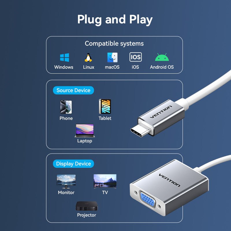 USB-C to VGA Converter 0.15M Silver Aluminium Alloy Type - Vention