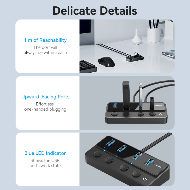 USB 3.0 to USB 3.0 x4+USB C Hub With Individual Power Switches 1M Black