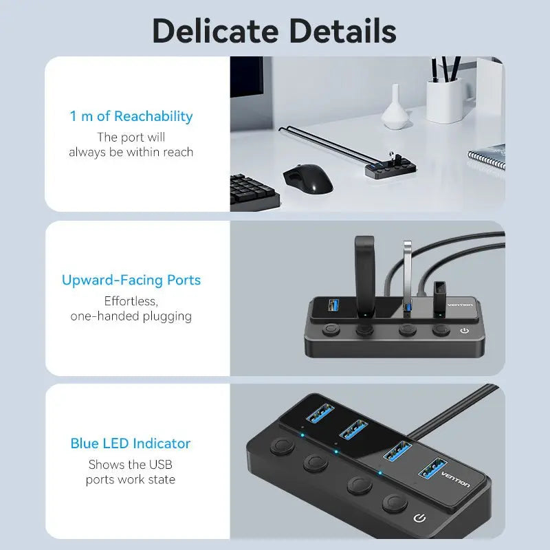 Vention 5-in-1 USB 3.0 Hub with Individual Power Switches - Vention