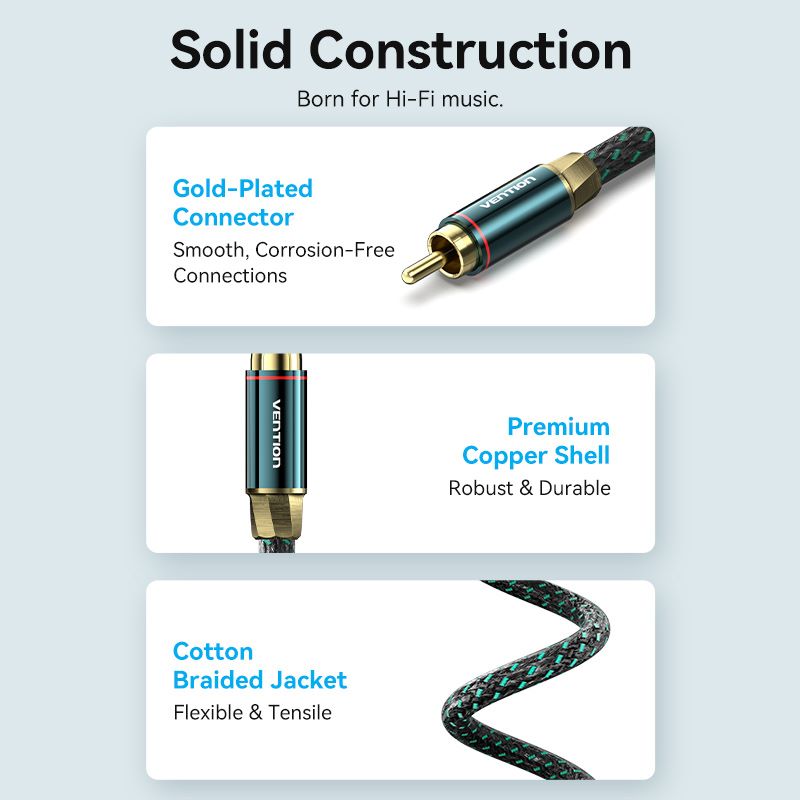 Vention Cotton Braided RCA Male to Male Coaxial Audio Cable 0.5/1/1.5/2/3/5/8/10M Green Copper Type