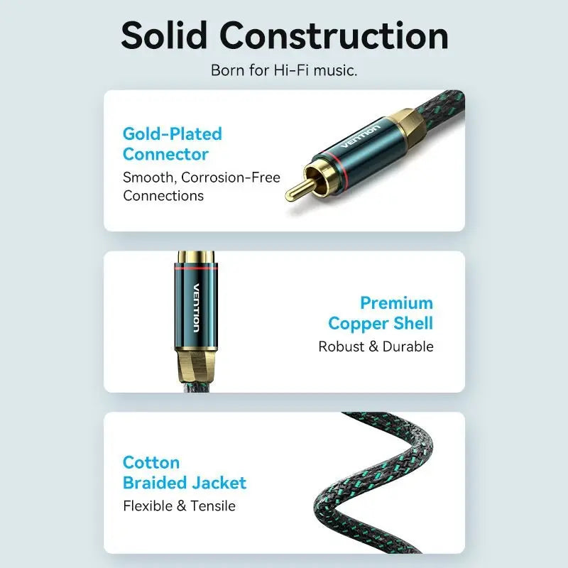 Vention Cotton Braided RCA Male to Male Coaxial Audio Cable 0.5/1/1.5/2/3/5/8/10M Green Copper Type - Vention